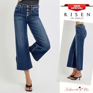 RISEN High Rise Waist Button Fly Stretch Dark Wash Cropped Wide Leg Denim Jeans